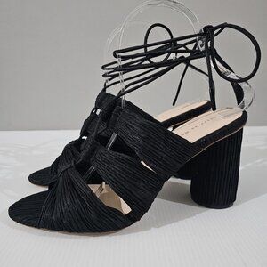 NEW Loeffler Randall Teresa Heel Sandal Open Toe Black Pleated Fabric Womens 9.5